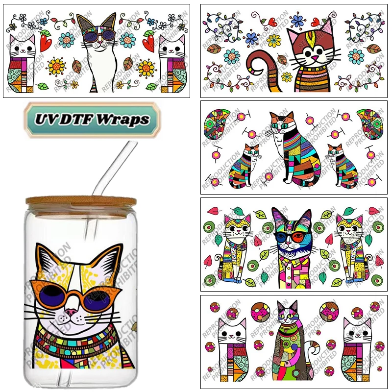 Colorful Patchwork Cat UV DTF Wraps, Cute Bohemian Style Stickers for Cups Bottles, High-Quality DIY Craft Transfer Stickers