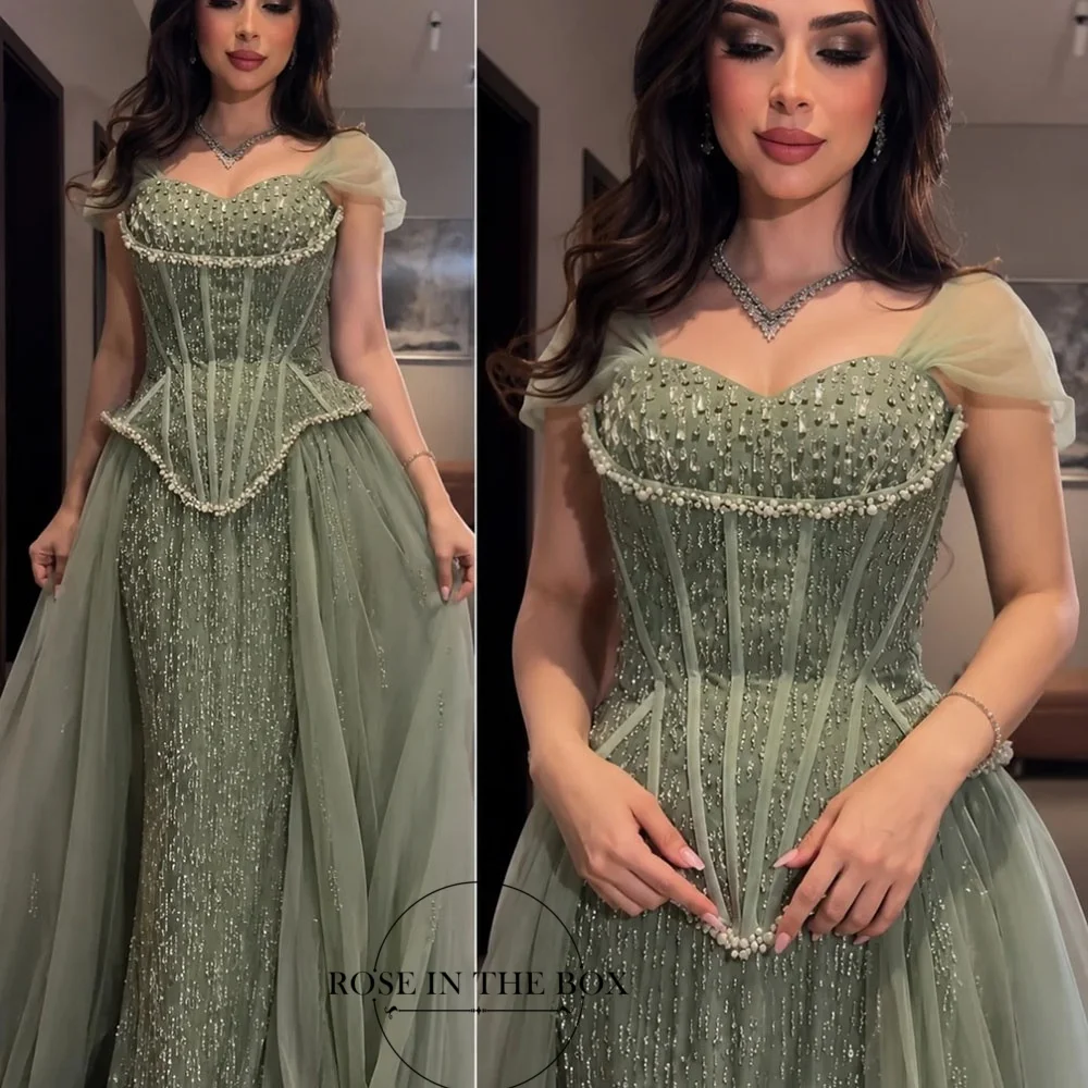 ROSEINTHEBOX Customized Green Lace Evening Dresses Tulle Off Shoulder A-line Crystal Embellished Formal Prom Dress for Women