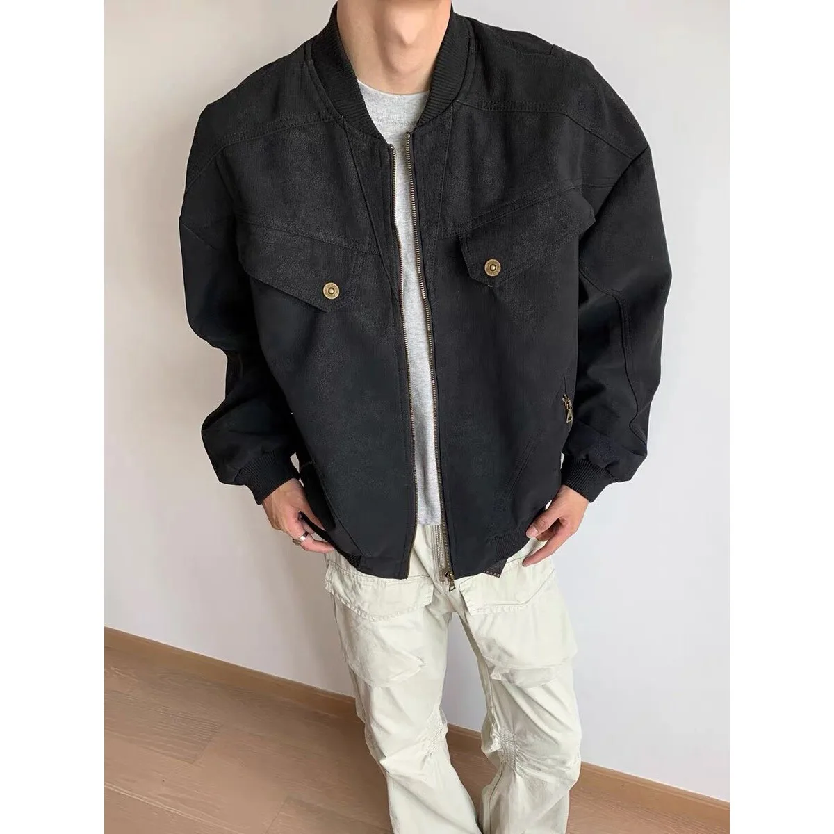 

Loose Fit Men's Baseball Jaet Workwear Coat Trendy Oversize 250 Pou Metal Decorations Polyester Fiber Youthful Wear