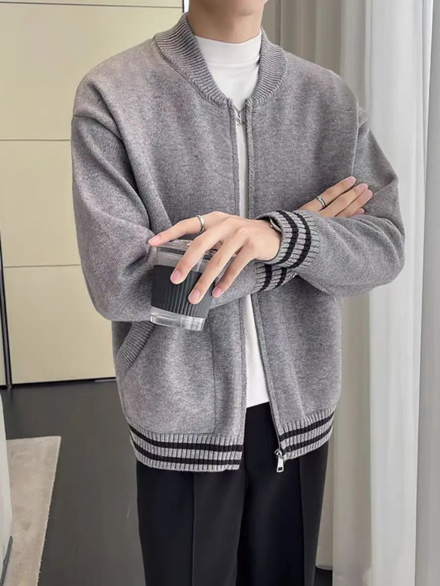سترة رجالية كاجوال محبوكة بياقة بيسبول مفتوحة، كارديجان عصري بألوان متباينة ومخطط بأكمام طويلة وفضفاضة للربيع والخريف #4