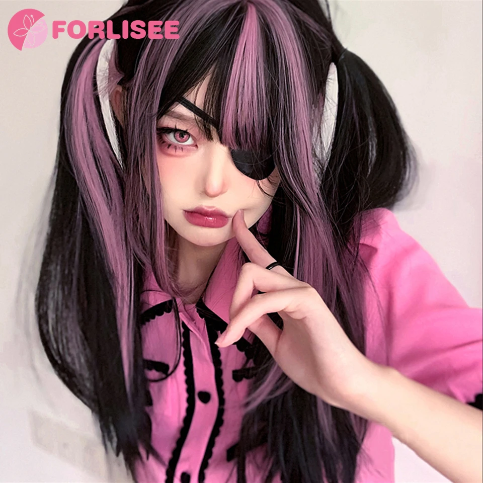 FORLISEE Highlighted Black And Pink Long Straight Hair With Bangs Synthetic Cosplay Lolita Sweet And Cute Hot Girl JK Daily Wig