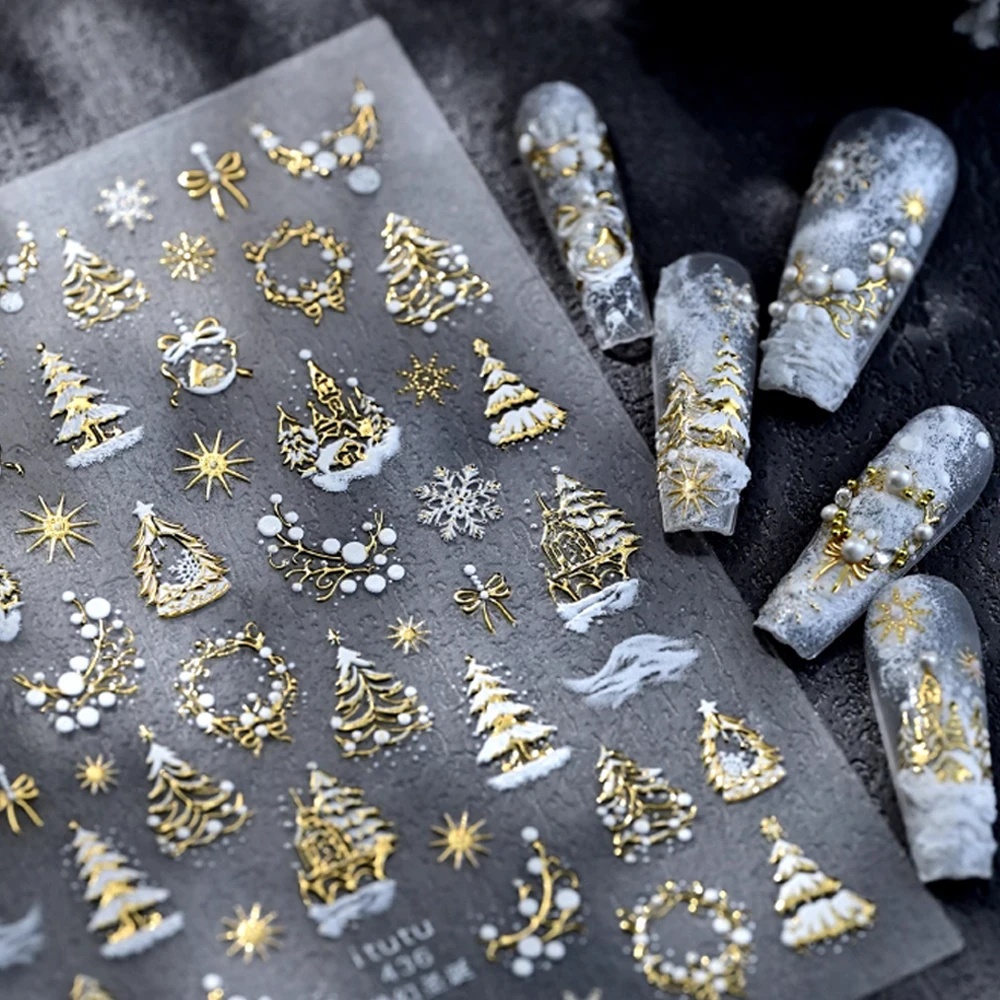 1 Blatt Laser Glitter Weißer Schnee Weihnachtsbaum Nagelaufkleber Vergoldete Kristallkugel Kranz Schloss Nagelaufkleber Selbstklebende Nagelschieber