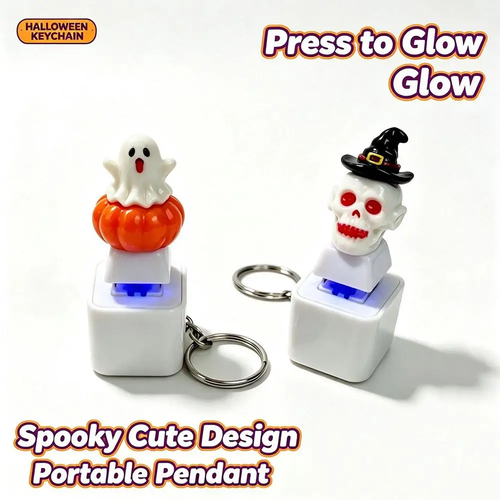 Halloween LED Keychain Fidget Toy Pumpkin Ghost Witch Skull Glow Press Switch Stress Relief Key Ring Bag Charm Pendant