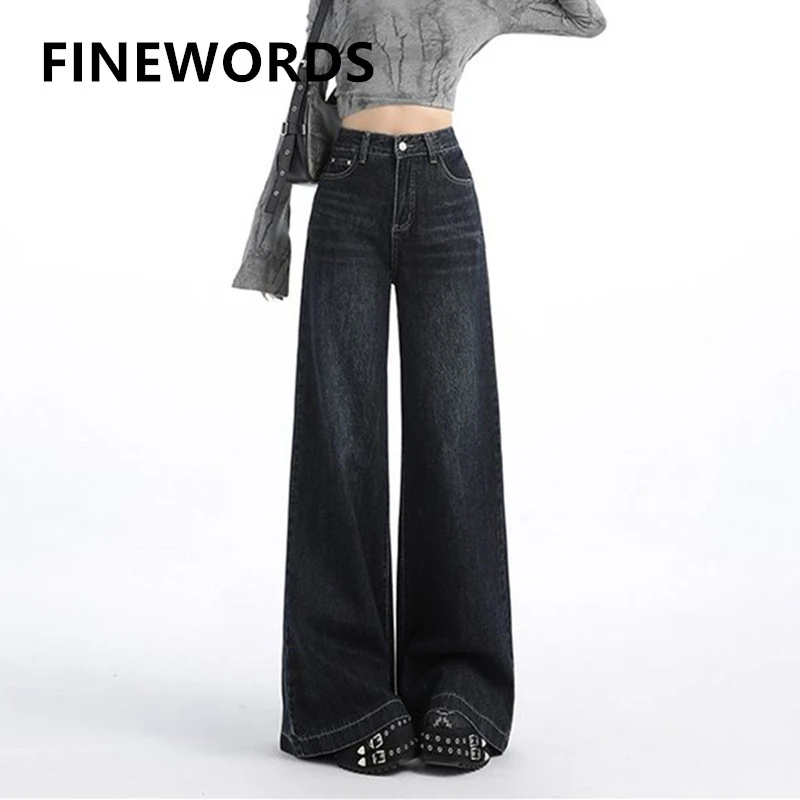 

FINEWORDS High Waist Vintage Wide Leg Jeans Women Korean Streetwear Baggy Jeans Easymatch Full Length Washed Casual Jeans