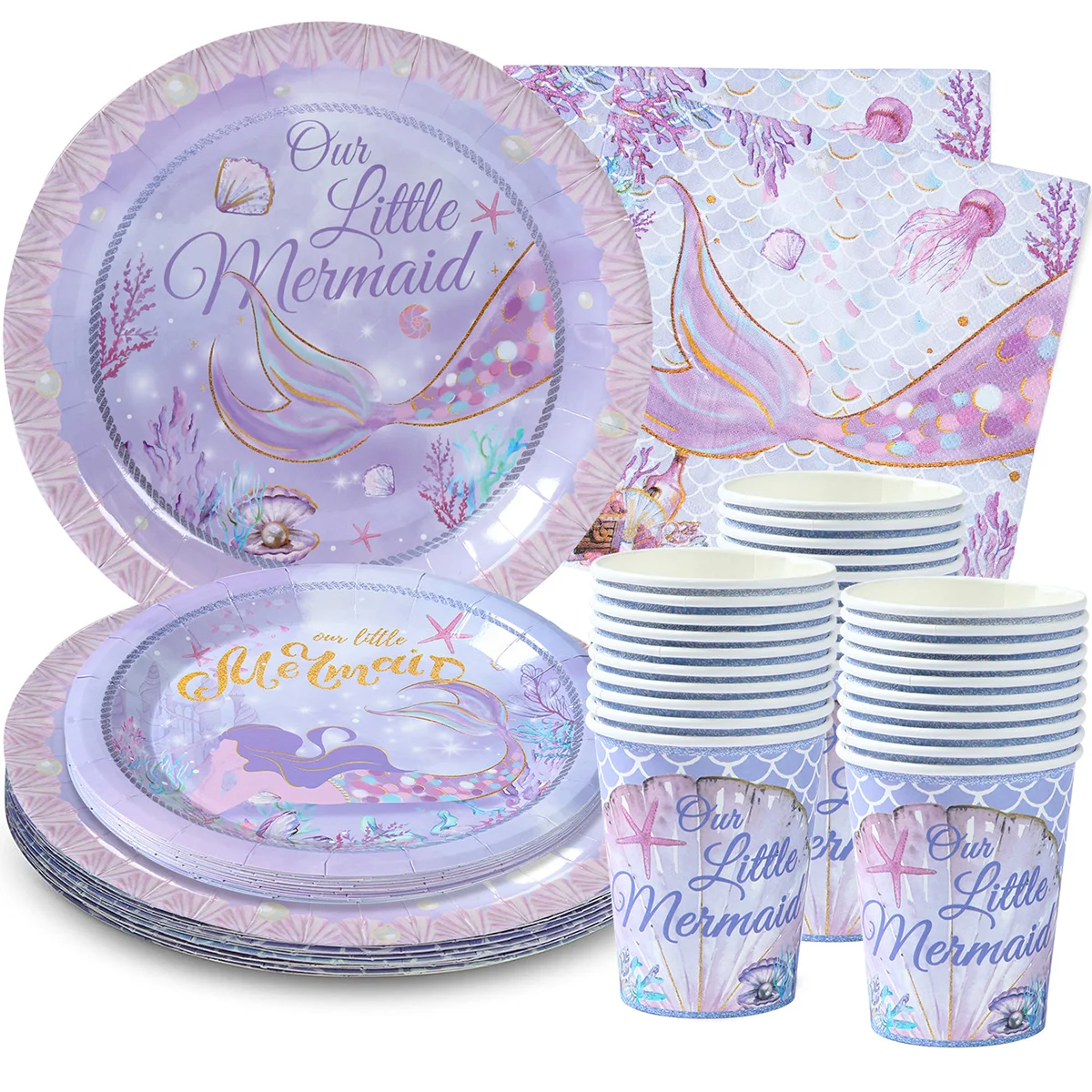 Mermaid Birthday Disposable Tableware Girl 1st Birthday Party Decoration Little Mermaid Birthday Under The Sea Baby Shower Decor