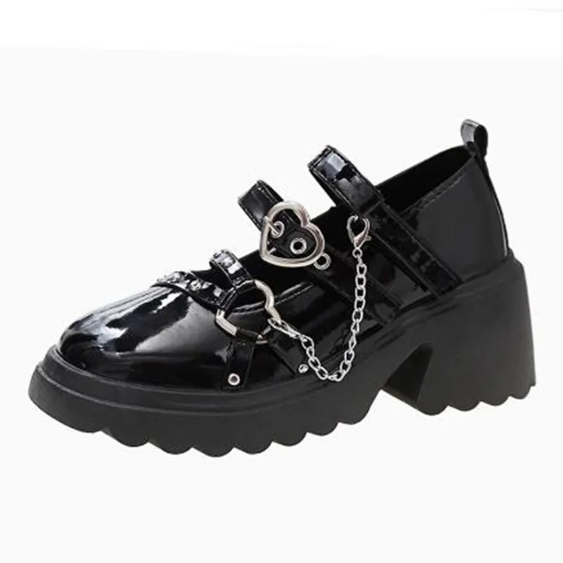 6.5CM Womens Punk Platform Pumps Autumn Metal Chain Mary Jane Lolita Shoes Woman Japanese Patent Leather High Heels Gothic Shoes