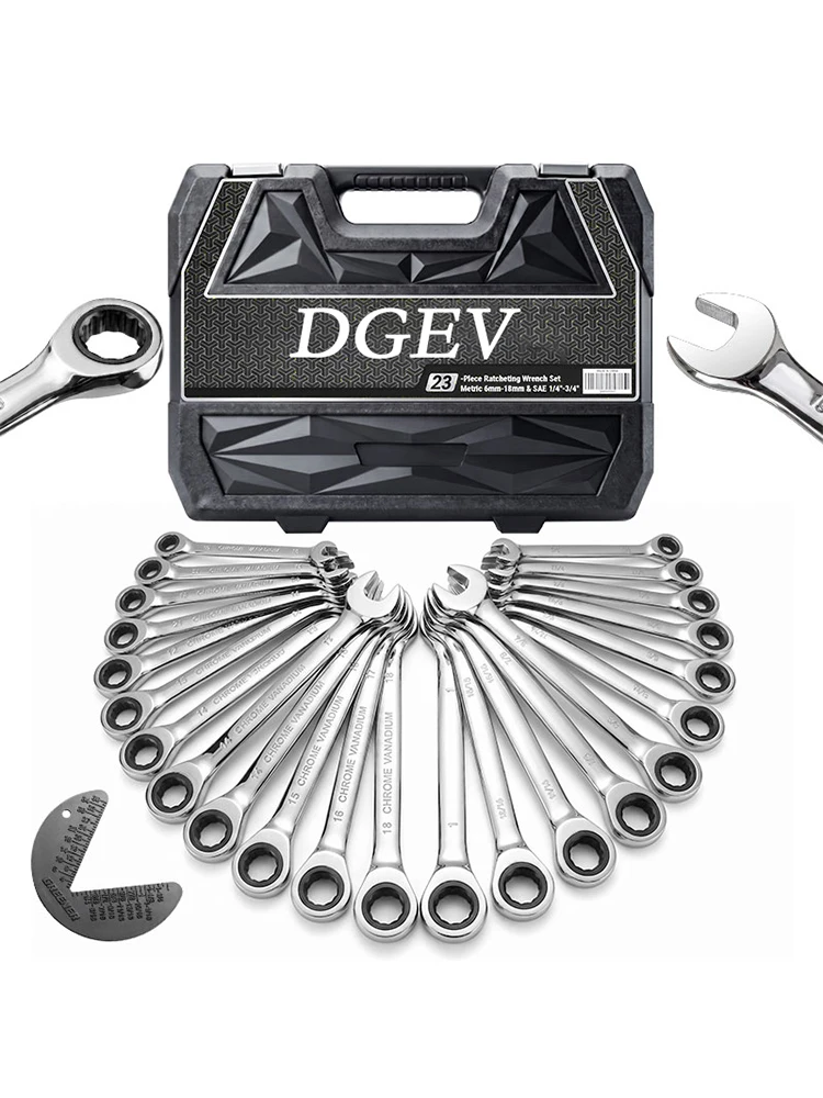 DGEV23PCS ratelsleutelset en SAE combinatie steeksleutelset ratelsleutelset met opbergdoos