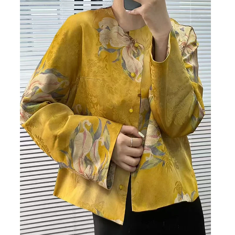 High-Quality Spring New O-Neck Chinese Style Rayon Print Single Breasted Loose Fashion Elegant Women's Short Jacket S-XL