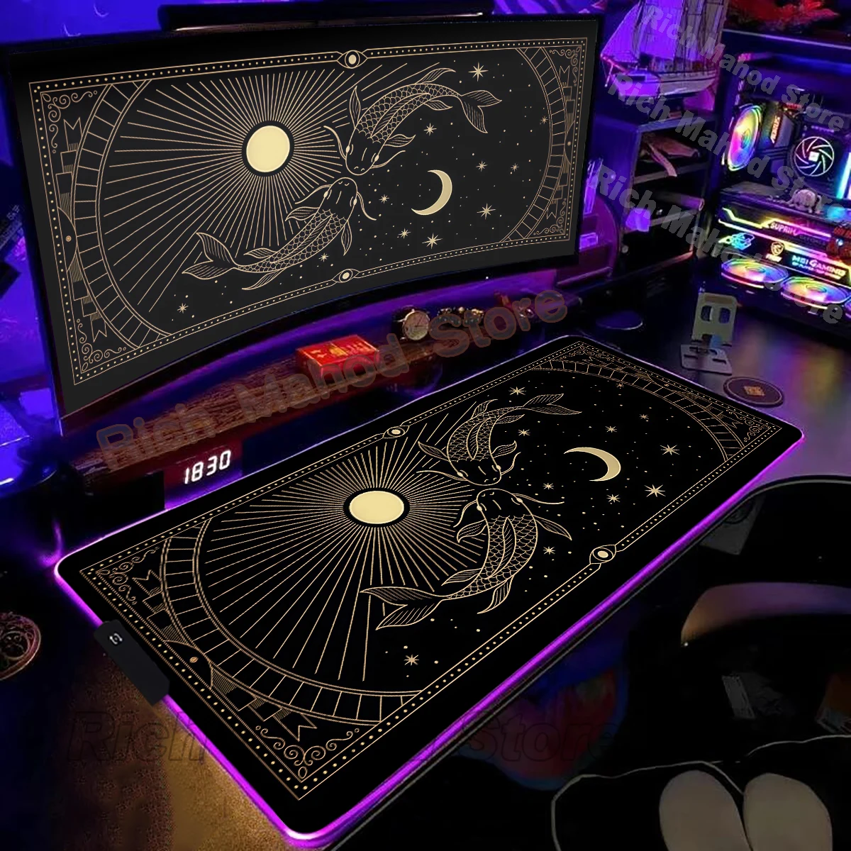 

RGB Mousepad Koi Fish Deskmat LED Backlight Gaming Keyboard Rug Computer Accessories Anime Extended Yin Yang Mouse Pad Tablepad