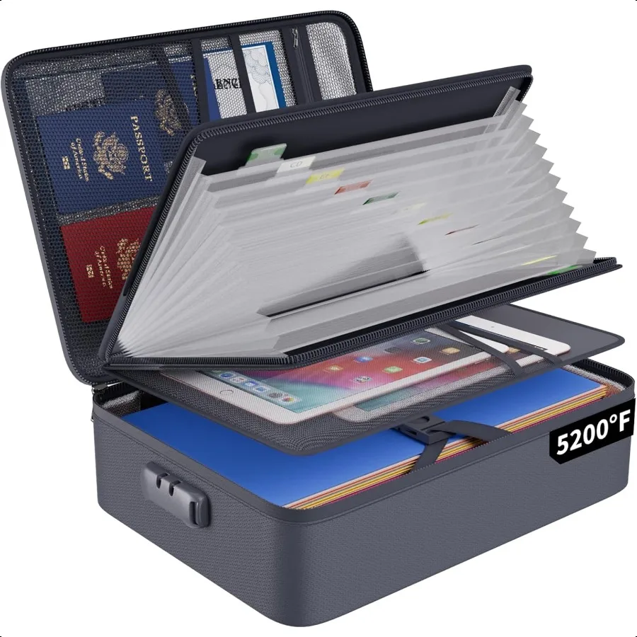 

5200 Fireproof File Organizer Bag with 13 Pocket Accordion File FolderDocument Organizer Box with LockLabels MultiLayer Portabl