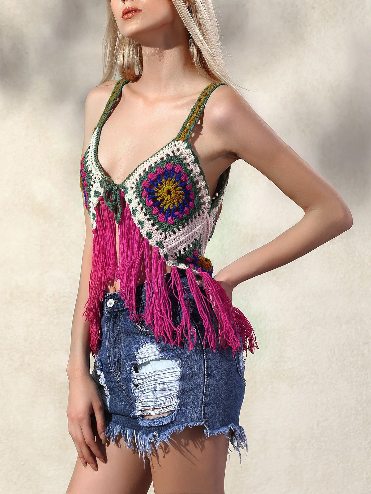 Boho Style Hand-crocheted Color Bump Tassel Hook Floral All-match Women's Vest Suspender Top