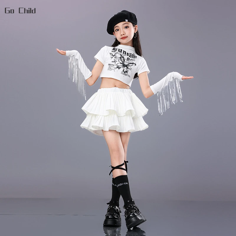 Hip Hop Kids Sweet Crop Top Street Dance Tiered Skirts Girls Streetwear Children Jazz Cheerleader Costumes Stage Clothes Sets