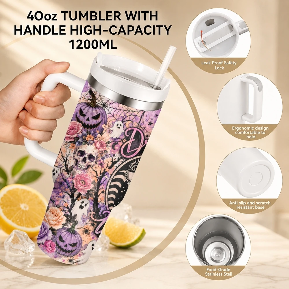 Midnight Coffee Club Vacuum Flasks 40oz Stainless Steel Travel Tumbler with Handle Straw Lid Double Wall Vacuum Insulated