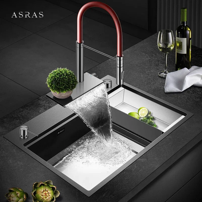 ASRAS Nanometer Cup Rinser Kitchen Sinks 4mm Thickness Handmade SUS 304 Stainless Steel Sinks Waterfall Faucet Kitchen Sinks