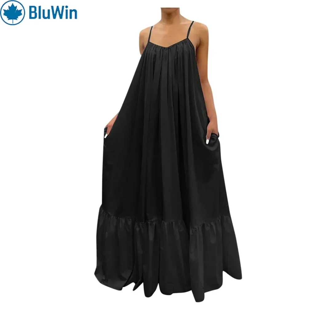 BluWin 7Colors Slip Maxi Dress Women Spaghetti Strap Ruffle Hem Front Slit Flowy Red Beach Vacation Party 