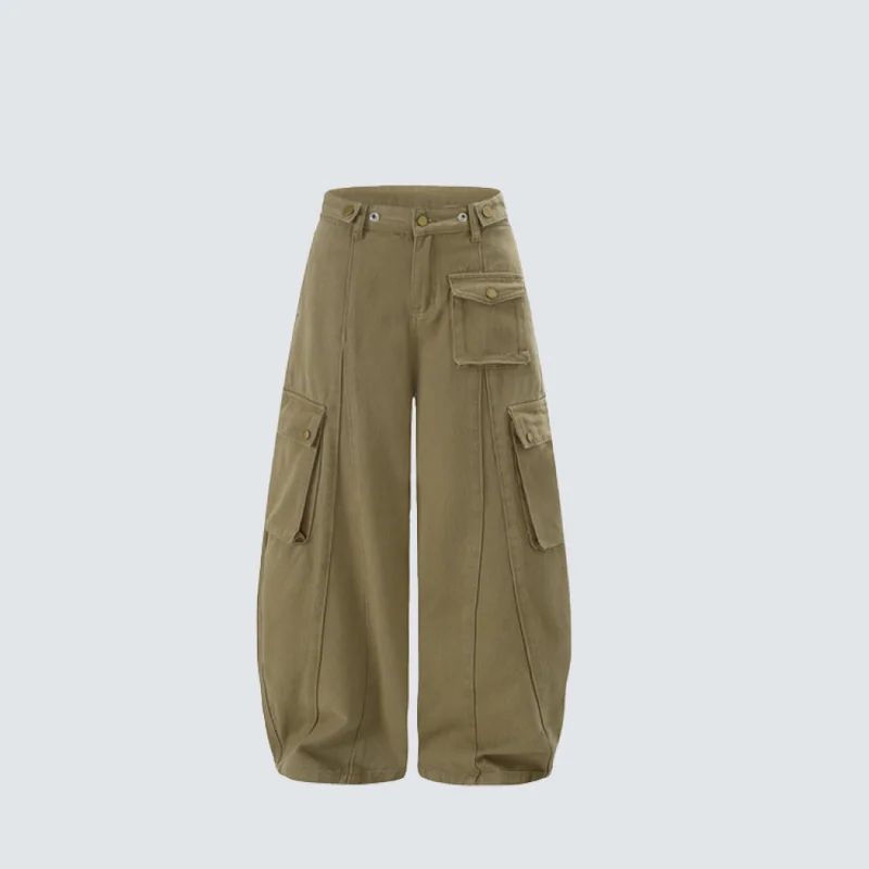 QICHE 2026 Men Women American Multi‑Pocket Deconstructed Curved‑Blade Cargo Jeans Solid Color Loose Wide‑Leg Casual Long Trouser