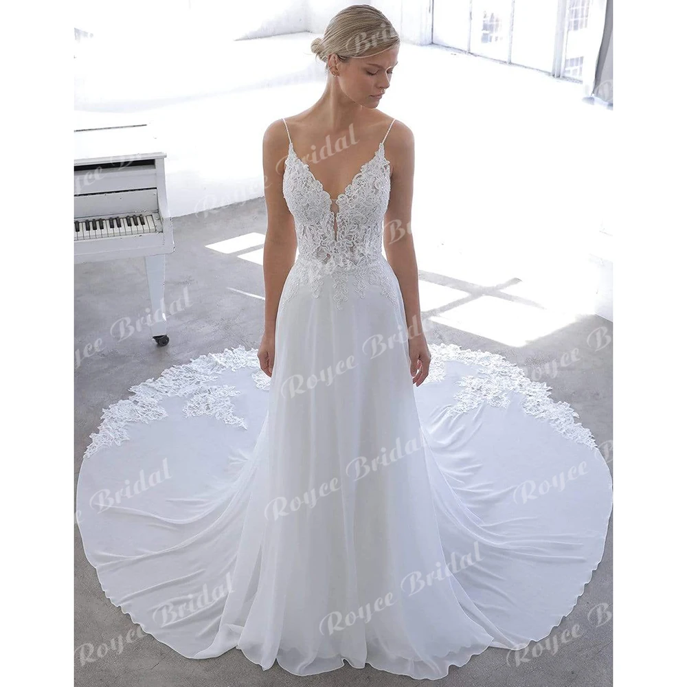 Boho V Neck Spaghetti Straps Lace Appliques Chiffon A Line Wedding Dress For Women Sexy Bridal Gown Sweep Vestidos De Novia Robe