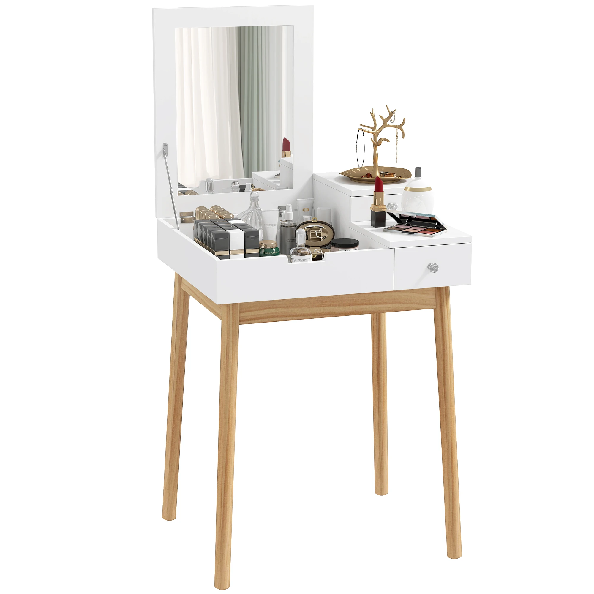 HOMCOM Tocador con espejo, mesa de maquillaje de estilo moderno, 2 cajones, espejo abatible para dormitorio, sala de estar, 60x50x cm, blanco