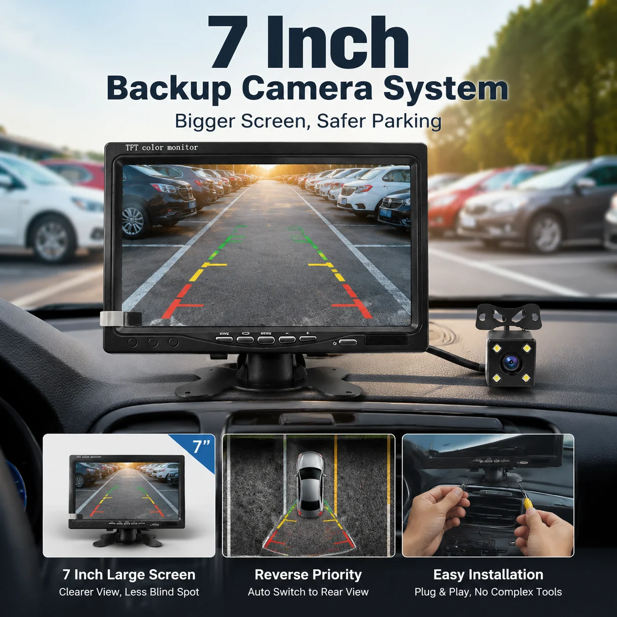 Car Reversing Image, 7-Inch 12-24V Desktop CVBS Monitor - Supports V1/V2 Dual Video Input, Rear View Ruler Camera - Night Vision