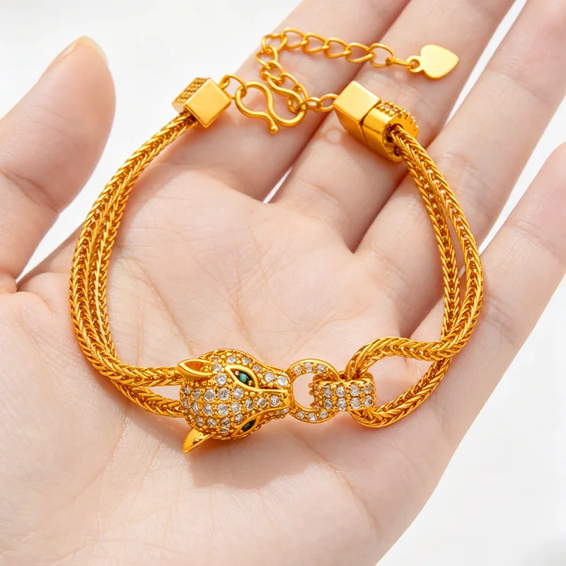 Trendy Girl Diamond Inlaid Leopard Head Horseshoe Buckle Bracelet For Women 24K Gold AU999, Casual Daily Wear Women Bracelet