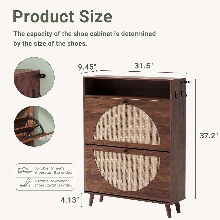 Rattan Shoe Cabinet Storage for Entryway, 2 Flip Drawers, Walnut