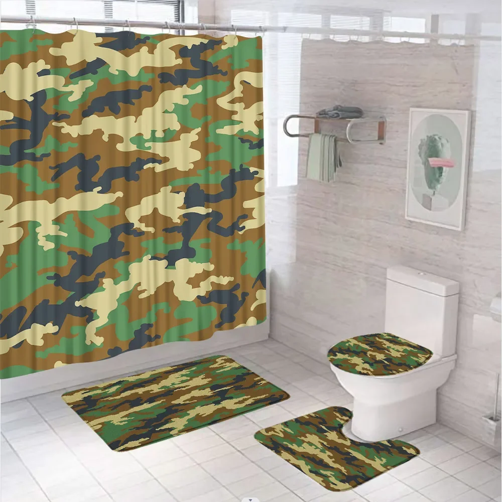 Military Camouflage Shower Curtain Sets ArmyGreen Bathroom Screen Curtains Anti-slip Bath Mat Toilet Lid Cover Carpet Rugs Home