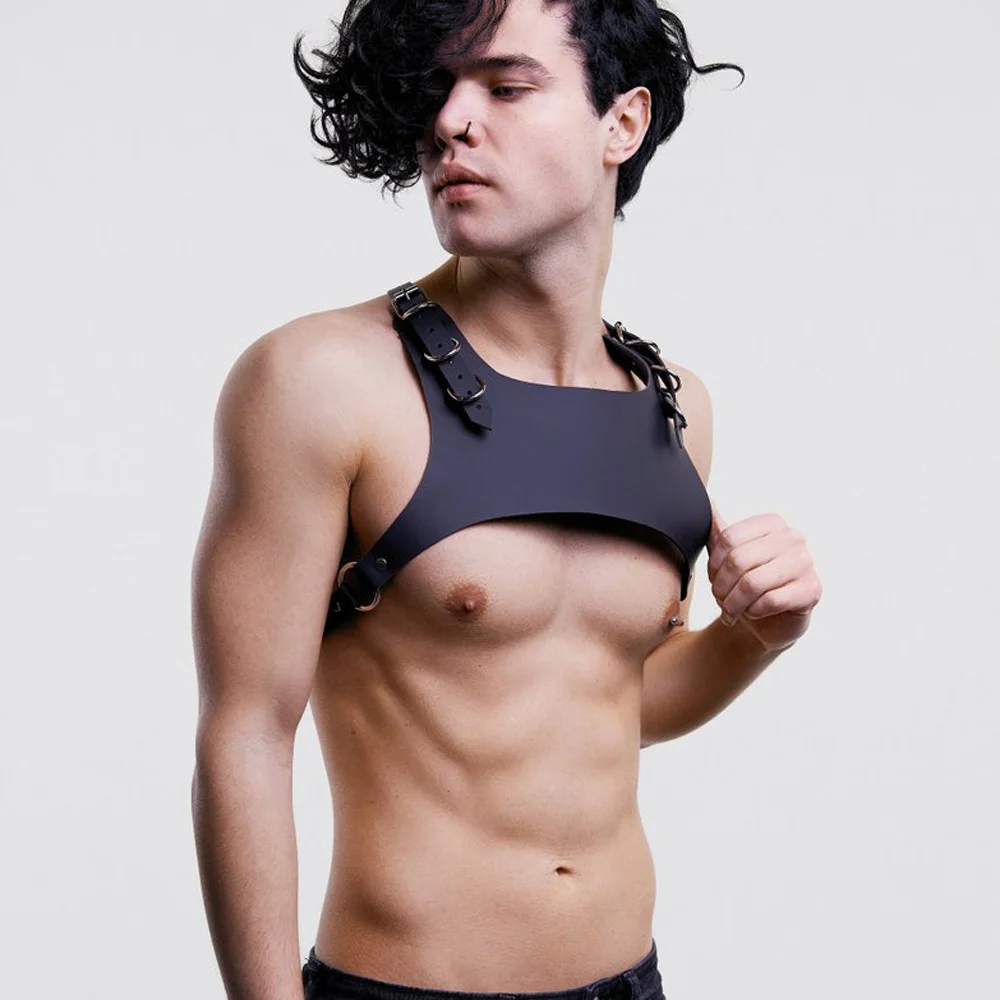 Gay Punk Sexy breast Harness Men Open-chested Genu Leather Harness Vest Starps Male Mature Leather Shoulder Belts Body Bondage view 4
