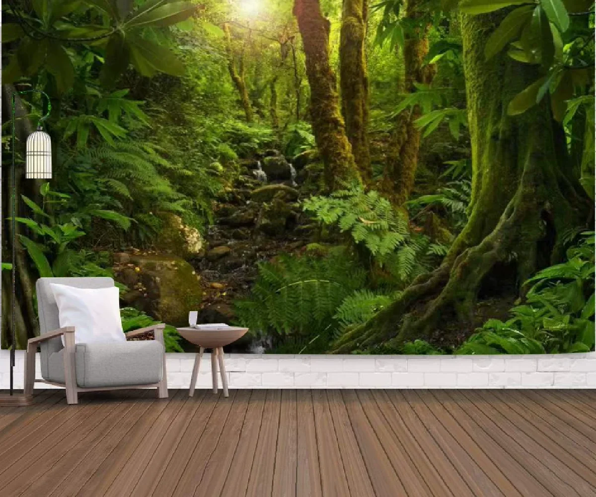 

French style tropical rainforest forest TV background wall paper banana leaf plant wallpaper bedroom custom wall painting