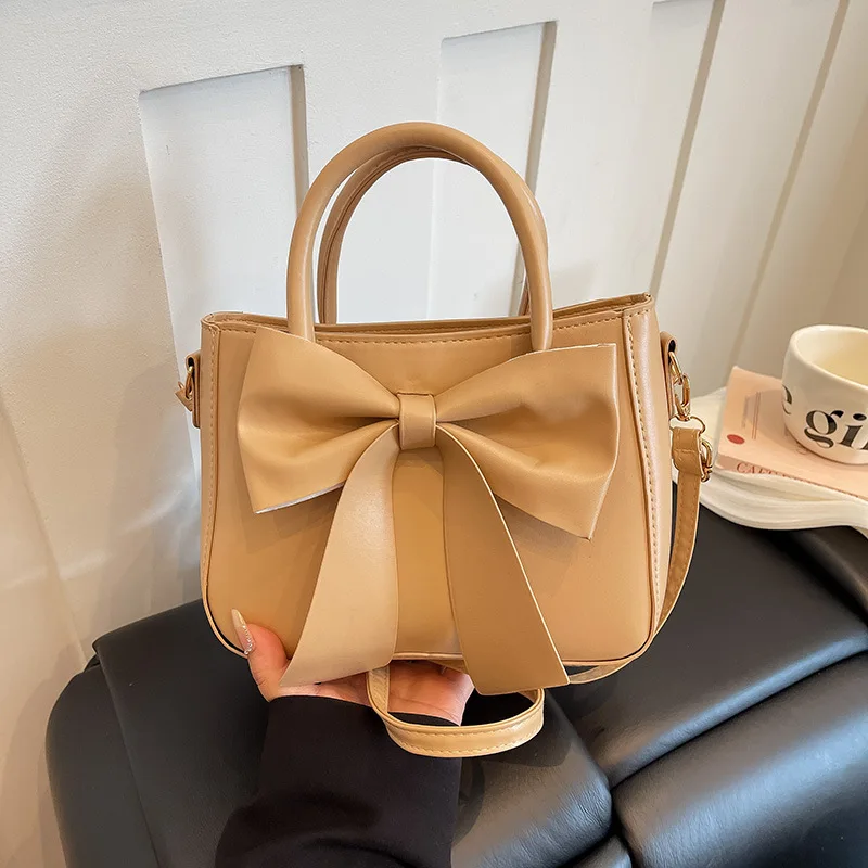 Elegant Big Bow Decor Top Handle Bag with Long Strap Soft PU Leather Tote Purse Crossbody Handbag for Women Daily Casual Use