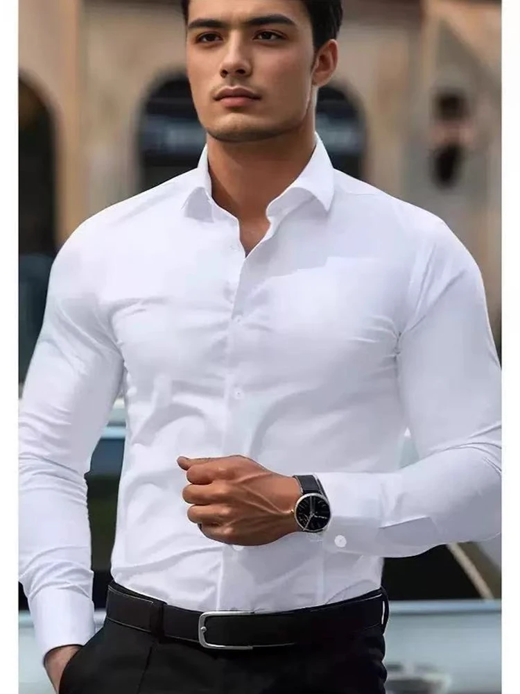 

2026 Mens White Dress Shirt Slim Fit Long Sleeve Wrinkle Resistant Business Formal Office Casual Cotton Blend Button Down Shirt
