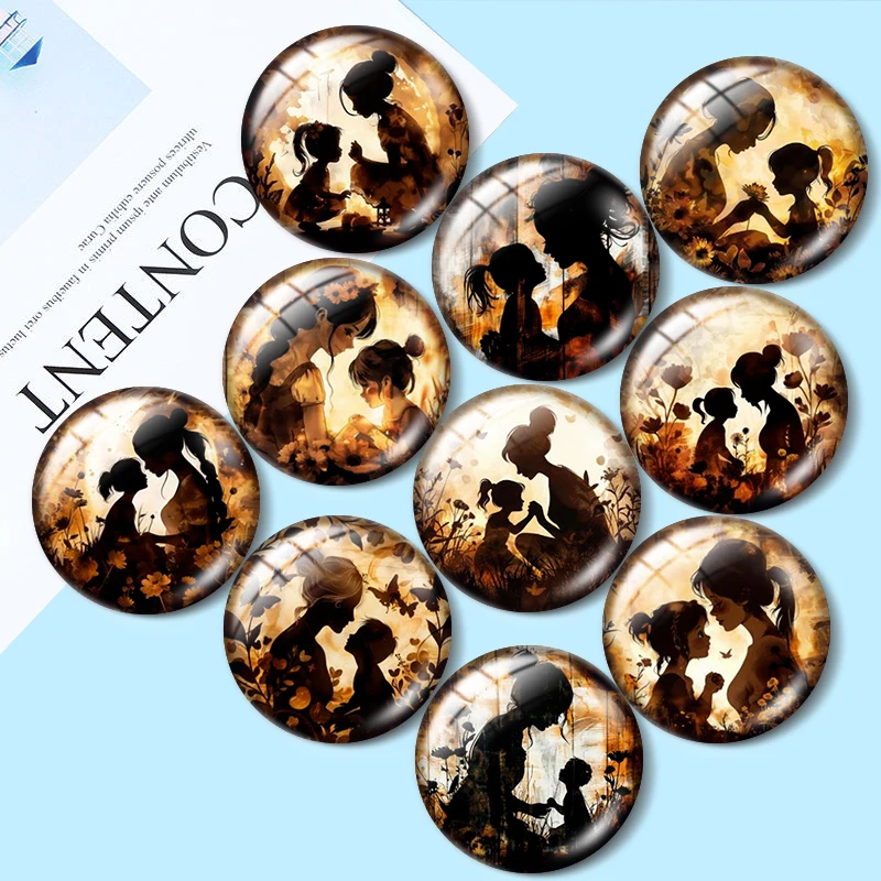 Watercolor Silhouette Mother and Child 10pcs 12mm/18mm/20mm/25mm Round Photo Glass Cabochon Demo Flat Back Making Findings