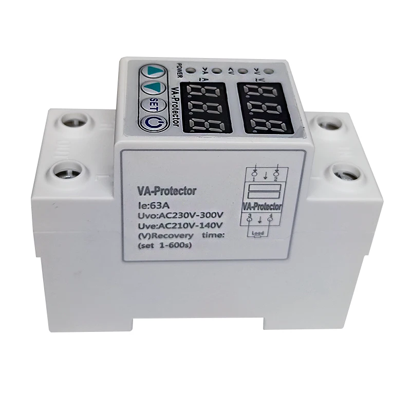 1Pcs 220V 63A 40A Digital Display Din Rail Adjustable Over Voltage Current and Under Voltage Protector Self-Recovery With Delay