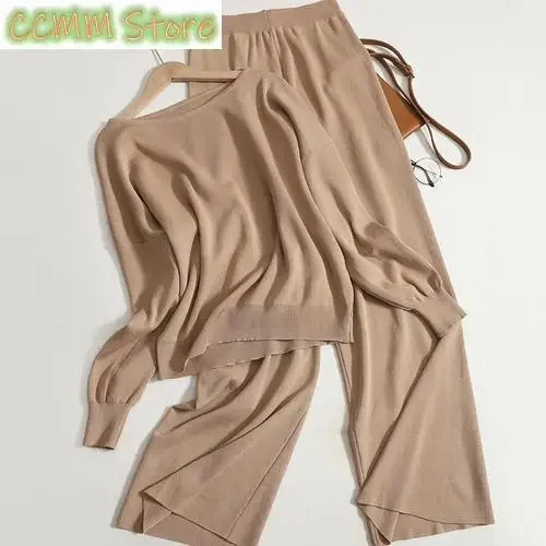 

Новые однотонные вязаные комплекты из 2 предметов, женские наряды, модные осенние повседневные комплекты с круглым вырезом и длинными рукавами, комплекты брюк с высокой талией