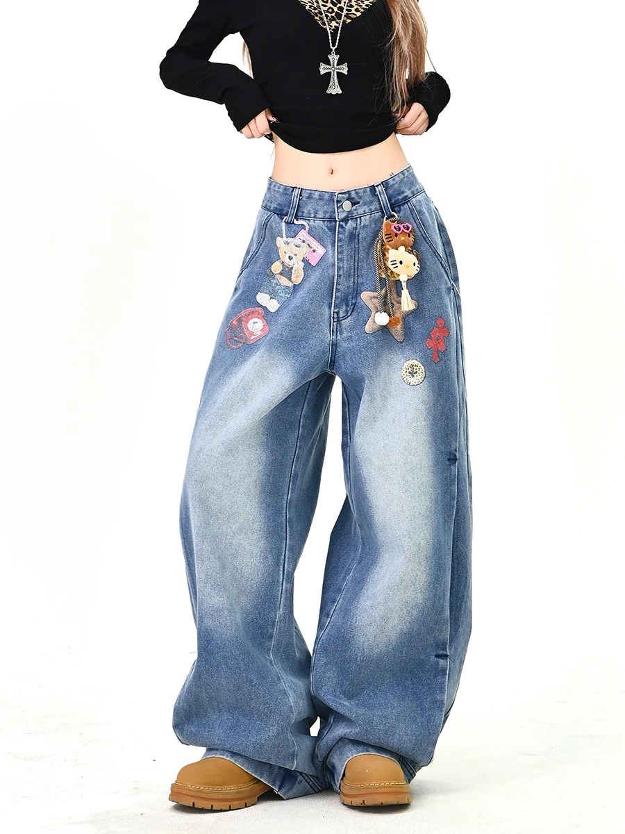 

Creative Chain Print Wide Leg Jeans Women's Loose BF American Street Sle Spring New Arrival Casual Comfortable Denim Pants