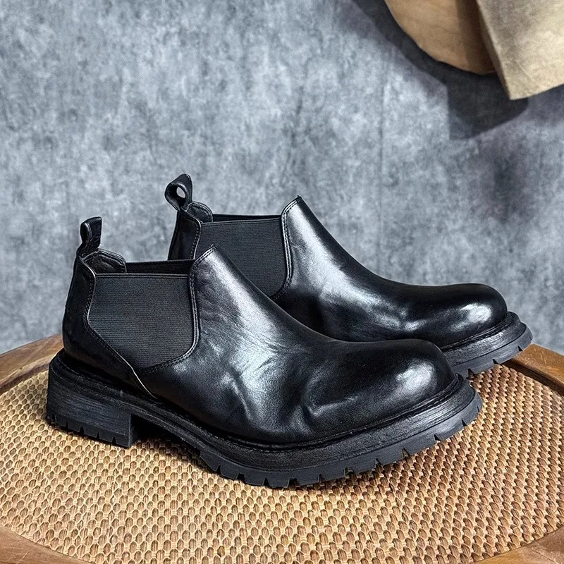 Handmade Men Ankle Boots Genuine Leather Slip on Business Formal Chelsea Boots Casual Work Shoes