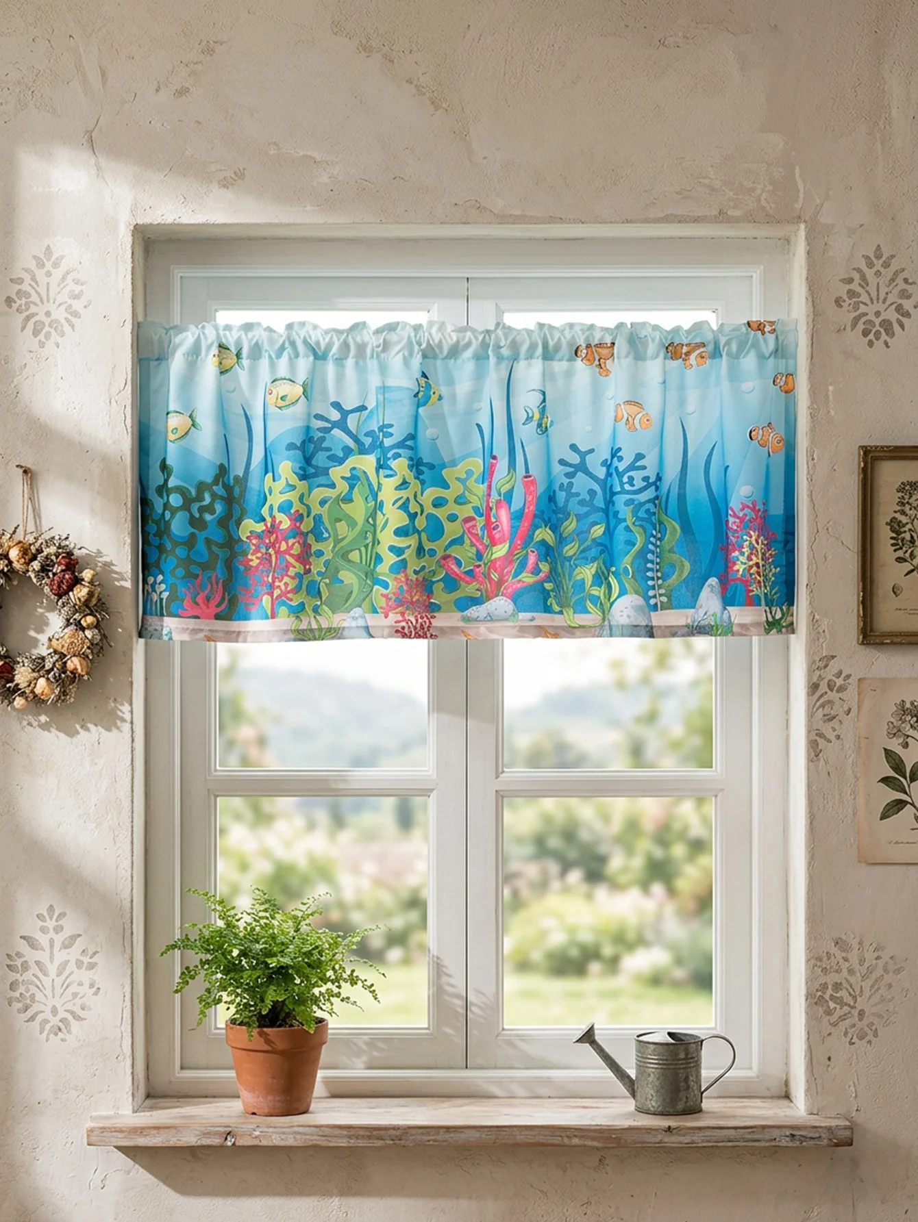 Semi Sheer Valance Curtains Sea World Print Valance Rod Pocket Small Curtains for Kitchen Cafe Bathroom Window Treatment