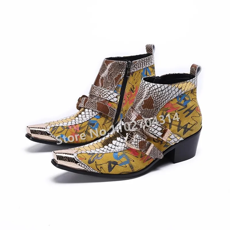 Mixed Color Graffiti Pointed Toe Square Heel Men Loafers Belt Buckle Decor Male Ankle Short Boots Fashion Men's Dress Zip Shoes