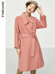 SENTUBILA 100% Wool Coat Woman 2024 Winter Elegant Lapel Comfortable Thick Warm Double-faced Woolen Overcoat Long Belted Jacket