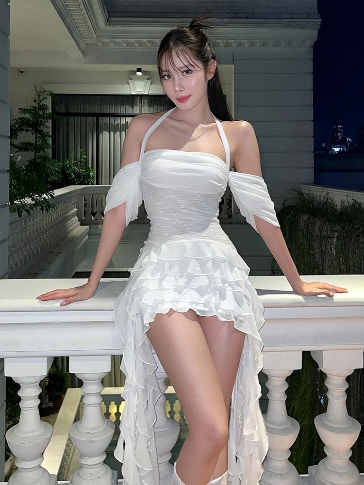 Vestido F Chic Branco Estilo Floresta com Detalhes em Renda e Alças ter, Crimento Curto, Sem Mangas