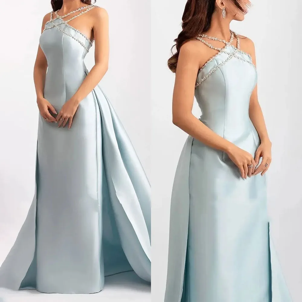 

High Quality Customized Halter Floor Length Sleeveless A-line Blue Backless Robe Pour Mariage Invité Платье Корейский Стиль