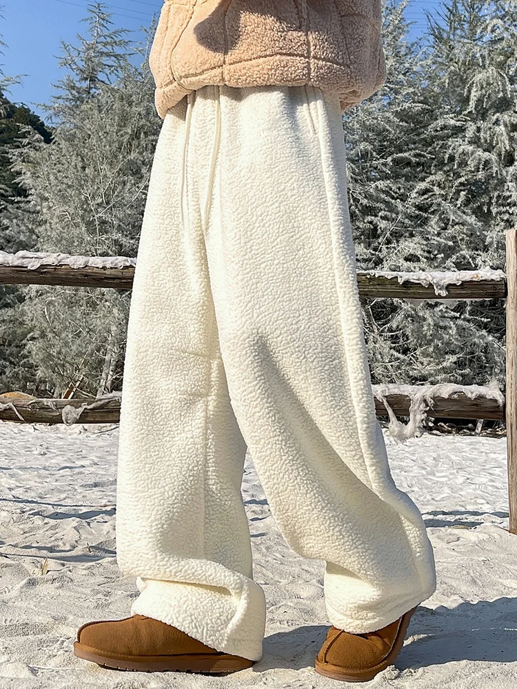

Lamb Fur Lined Straight Leg Pants Men's plus Size Thi Winter Cotton Trousers Warm Loose Fit American Sle Casual Pants