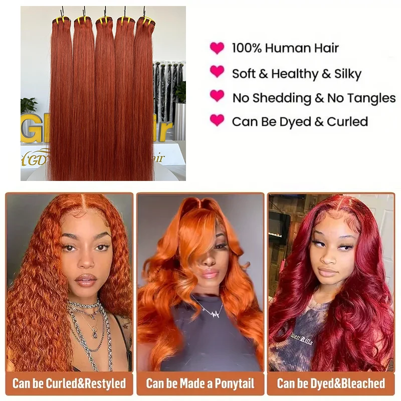 Ginger Straight Pacotes de cabelo humano para mulheres, cabelo brasileiro Remy, 100% cabelo humano, Weave Bundles, #350