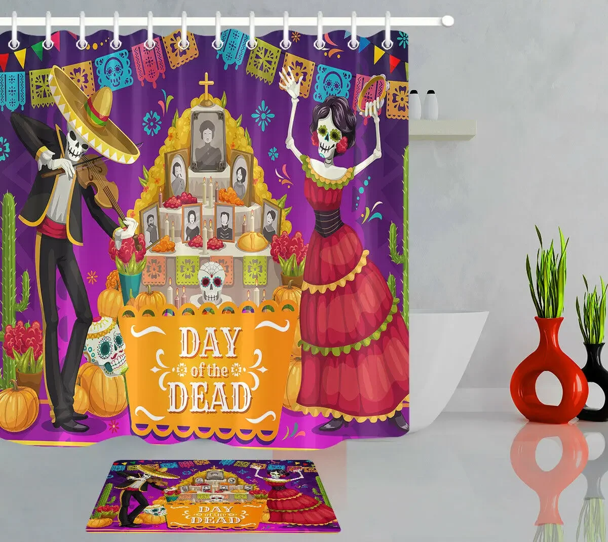 Fabric Shower Curtain Set Mexican Day of the Dead Skull Bathroom Decor Hooks