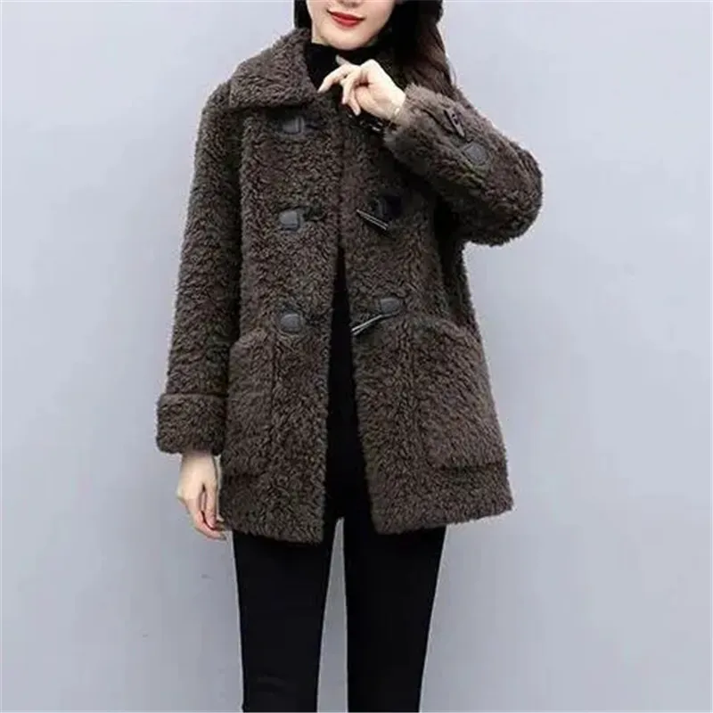 2023 Korean New Winter Lamb wool Jacket Women\'s Wear Fashion Slim Short Wool Coat 4XL Solid Casual Female Parkas Outwear Tops