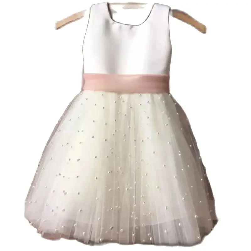 Kids Pearls Tulle Girl Pageant Dresses Sashes Flower Girl Dress Chiffon Bow Sashes First Communion Dress Little princess Dress