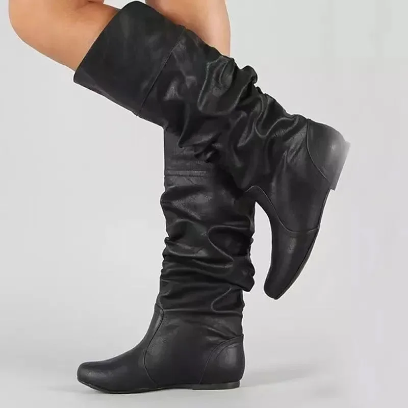 Kobiety Kolano Wysokie Buty Jesień Zima Buty Damskie Moda Wsuwane Fałdy Niski Obcas Okrągłe Palce Płaskie Długie Buty Botas De Mujer