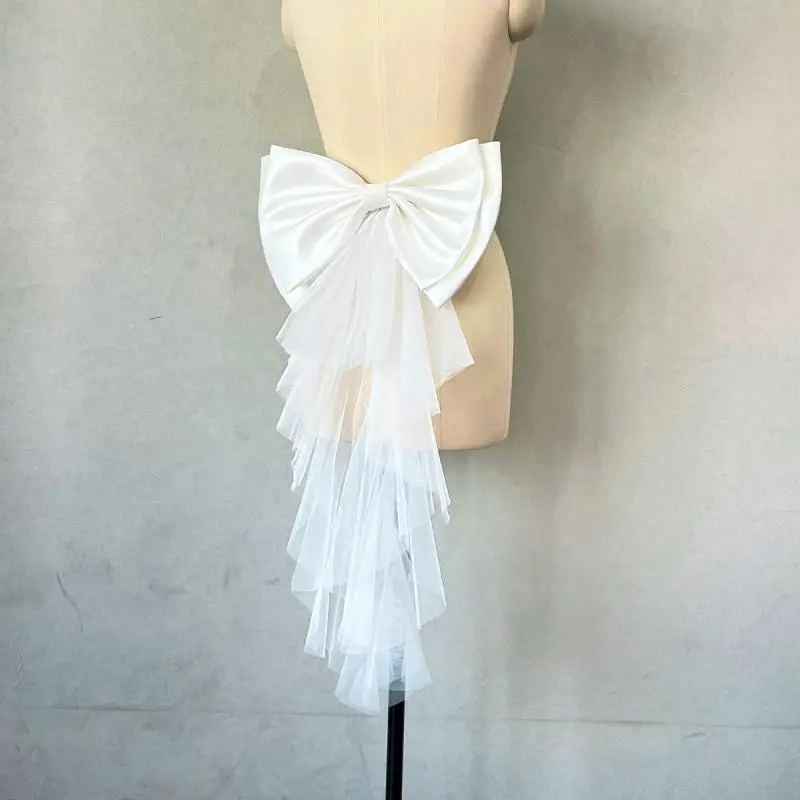 One Piece Bridal Accessory with Satin Bow Knots; Elegantly Detachable Tulle Bow for Wedding Dress Decor