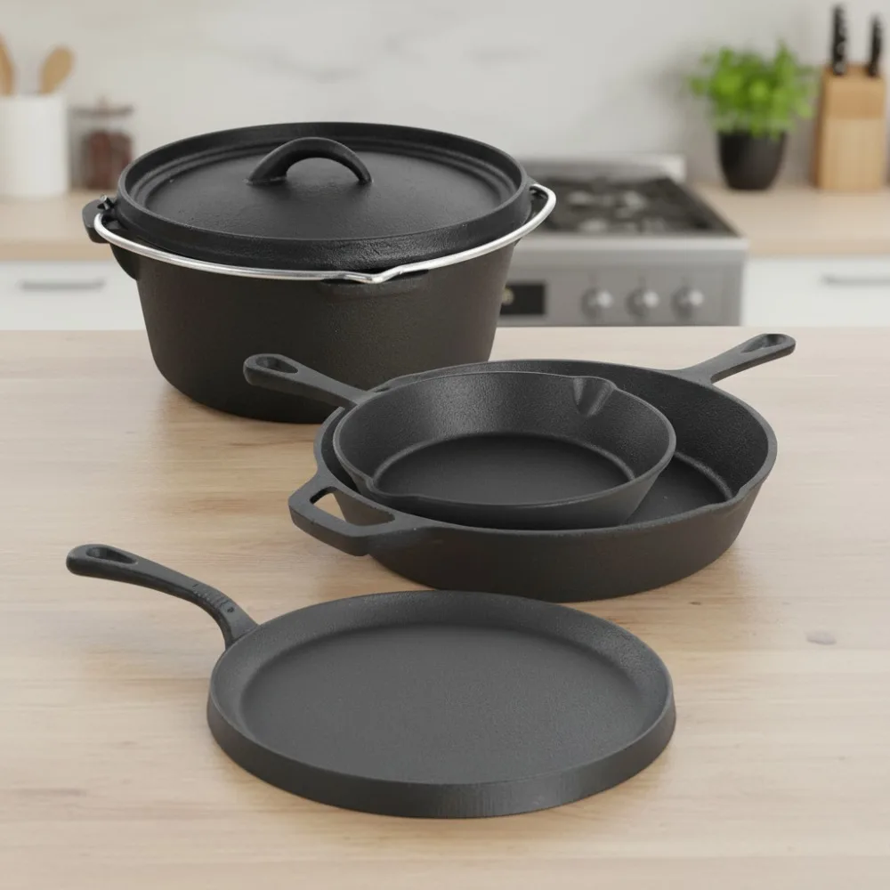 

5-Piece Pre-Seasoned Cast Iron Cookware Set, Oven Safe Up to 450°F, Non-Stick Griddle & Skillet & Dutch Oven for Home Chefs