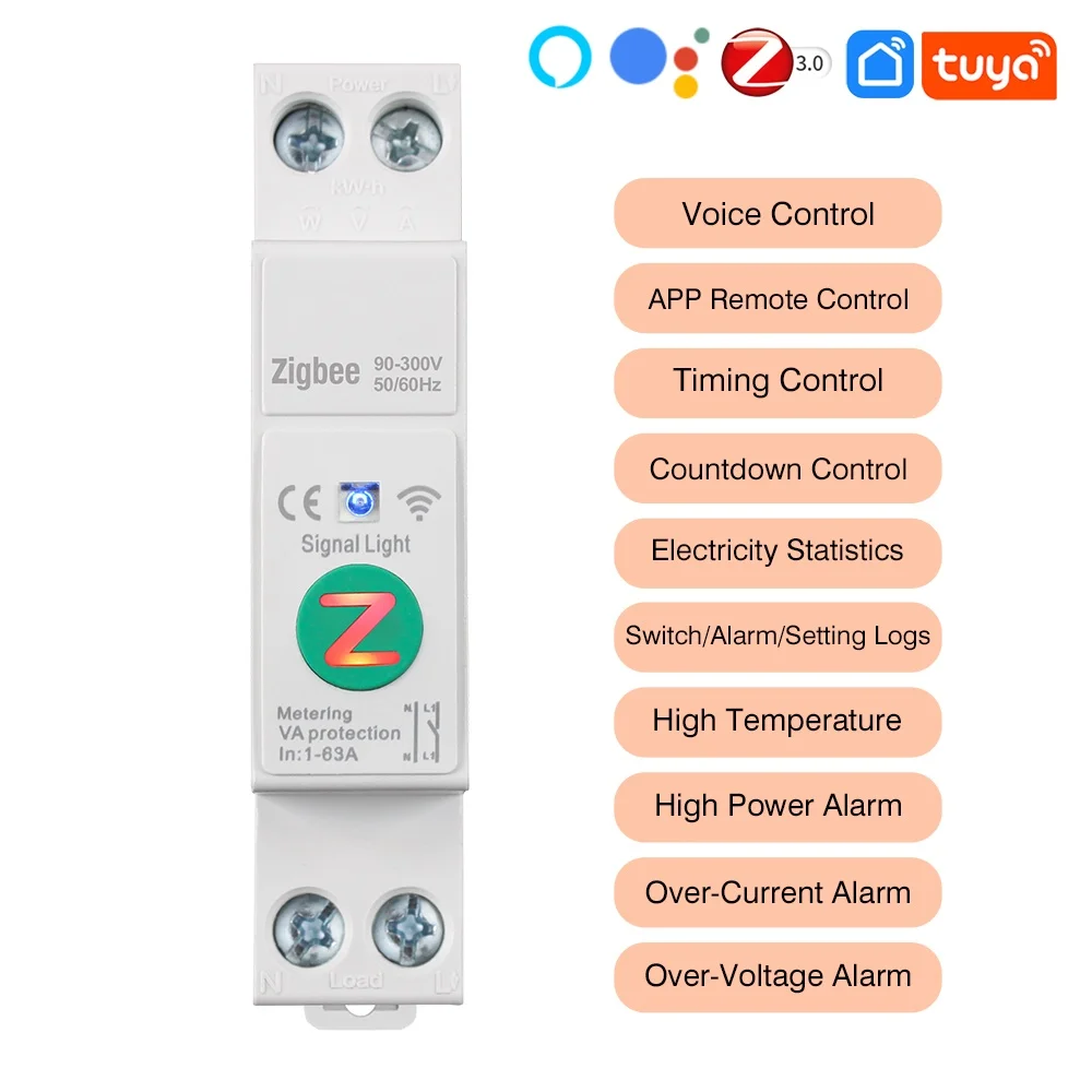 

Умный автоматический выключатель Tuya Zigbee, счетчик энергии 1–63 А, счетчик электроэнергии, мониторинг измерения кВтч, дистанционный переключатель Smart Life, защита напряжения и тока
