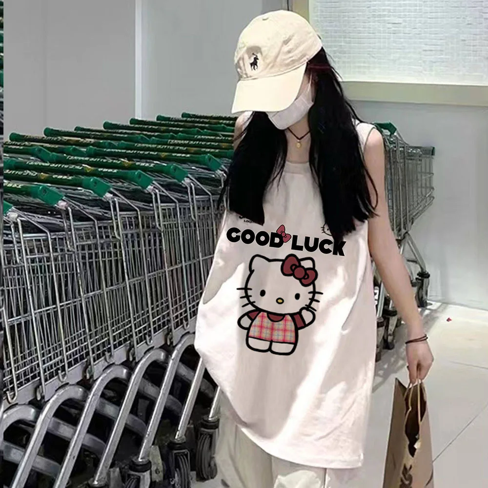 

Женская летняя майка оверсайз с принтом Hello Kitty, повседневная футболка без рукавов, графический принт, Y2K, Harajuku, уличный стиль, свободный крой